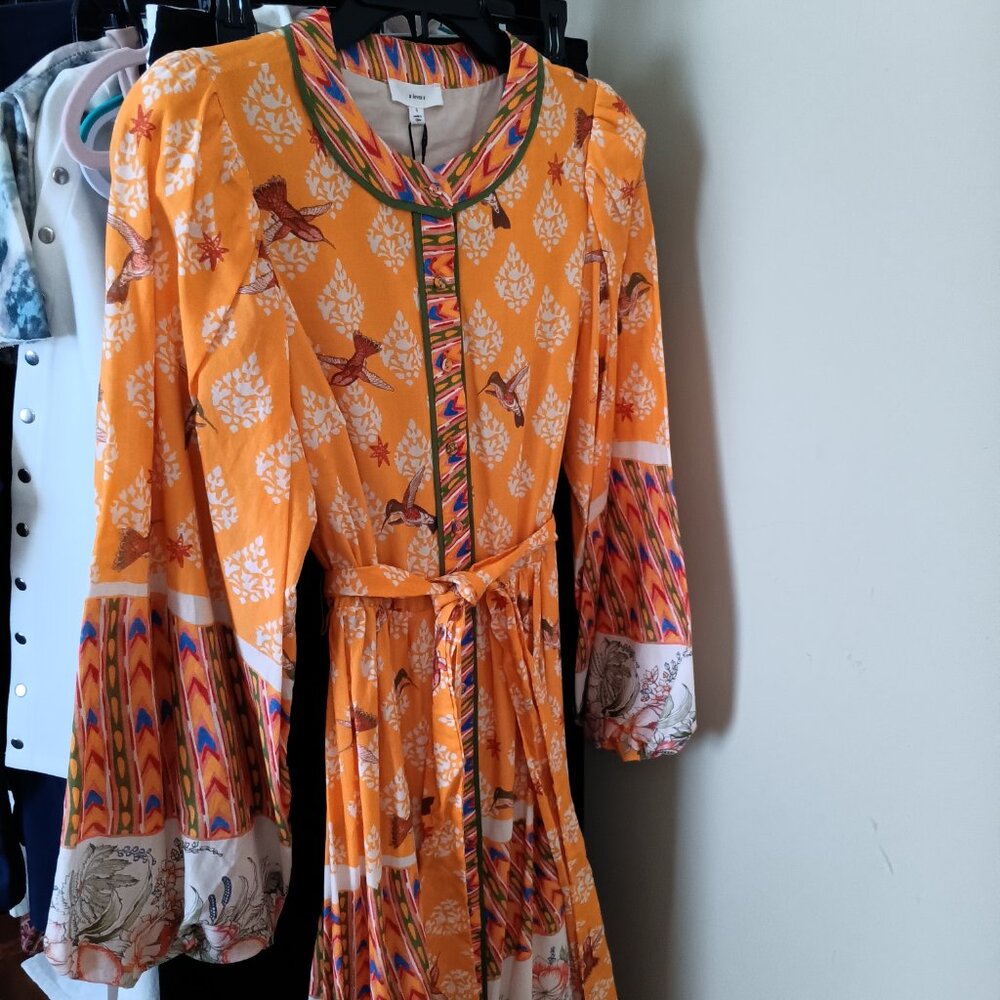 NWT Birds Flowers Alligators Cotton Maxi Sunflower Yellow Long Sleeve Dress - Picture 2 of 15